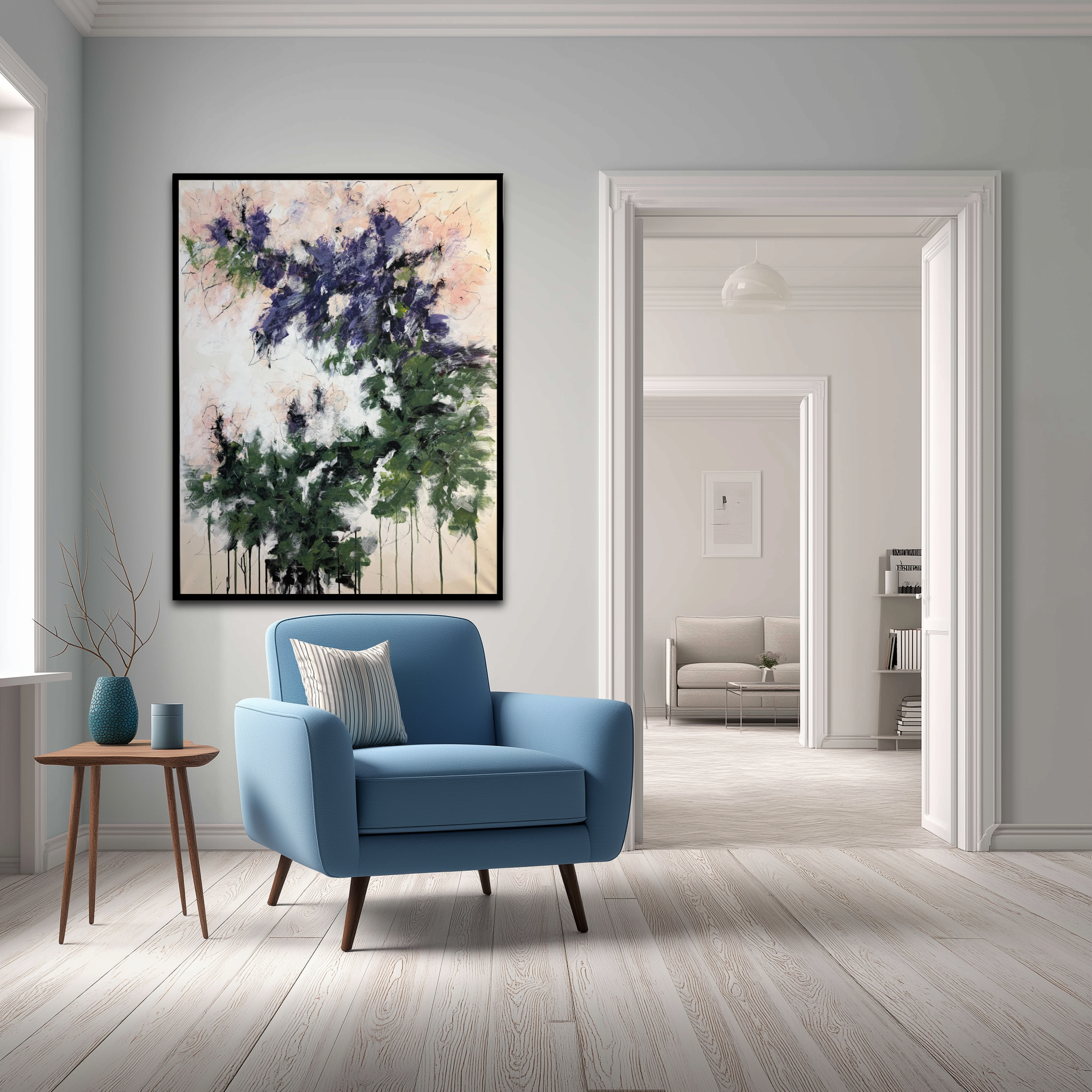 Painting displayed in a furnished room